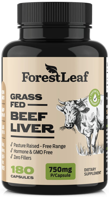 Grass Fed Beef Liver - Grassfed Desiccated Beef Liver Supplement - 750mg per Capsule - Most Bioavailable Natural Heme Iron, Vitamin A, B12 for Energy, CoQ10 - High Absorption Formula (180 Capsules)