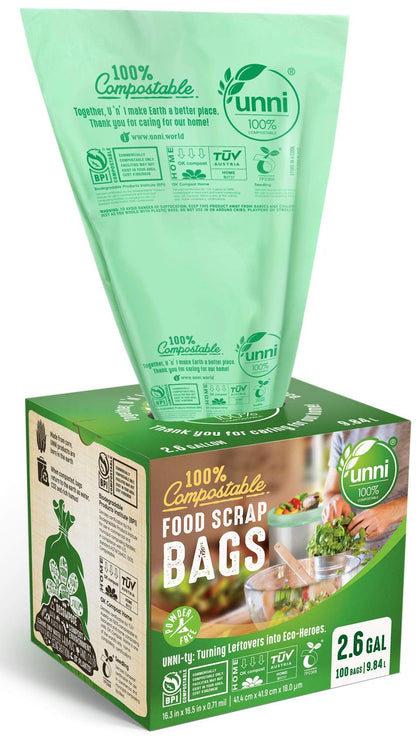 UNNI Compostable Liner Bags, 2.6 Gallon, 9.84 Liter, 100 Count, Extra Thick 0.71 Mil, Samll Kitchen Food Scrap Waste Bags, ASTM D6400, US BPI, CMA and Europe OK Compost Home Certified, San Francisco