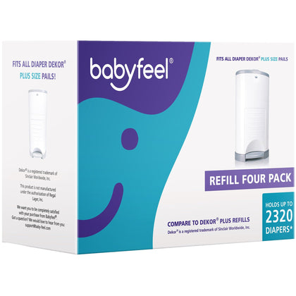 Babyfeel Refills Compatible with DEKOR PLUS Diaper Pails | 4 Pack | Exclusive 30% Extra Thickness | Diaper Pail Refills with Powerful Odor Elimination | Fresh Powder Scent | Holds up to 2320 Diapers