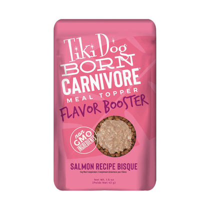 Tiki Dog Born Carnivore Flavor Booster, Salmon Recipe Bisque, Grain Free Meat Based Treat, Meal Topper for All Dog Breeds and All Life Stages, 1.5 oz Pouch, Pack of 12