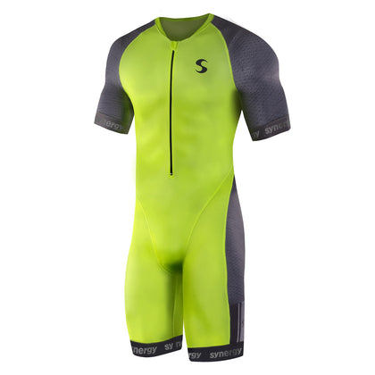 Synergy Triathlon Tri Suit - Men's Elite Short Sleeve Trisuit Cycling Skinsuit (Neon Lime/Steel, Large)