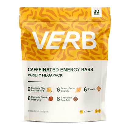 Verb Energy - MEGA Variety Pack 30 Caffeinated Energy Bars - 5 Flavors - Low Calorie Low Sugar Bar - Nutrition Bars - Vegan Snacks - Gluten Free Breakfast Bars with Organic Green Tea, 26g (Pack of 30)
