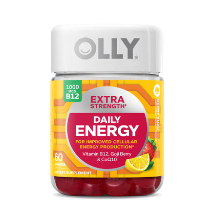 OLLY Extra Strength Daily Energy Gummy, Caffeine Free, 1000mcg Vitamin B12, CoQ10, Goji Berry, Adult Chewable Supplement, Berry Yuzu Flavor - 60 Count
