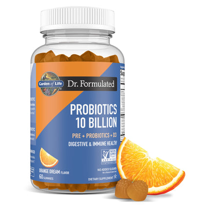 Garden of Life Dr Formulated 10 Billion CFU Prebiotic Fiber & Probiotic Gummies with Vitamin D3 for Digestive and Immune Health - Gluten Free, Non GMO, No Added Sugar, Orange Dream Flavor, 60 Gummies