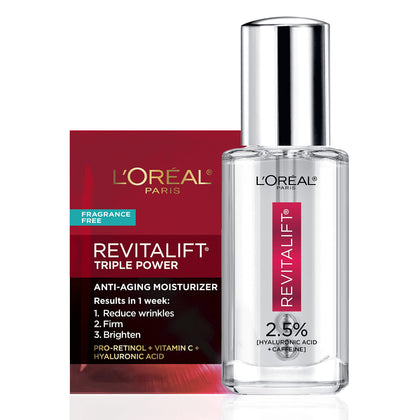 L'Oreal Paris Revitalift Hyaluronic Acid + Caffeine Hydrating Eye Serum for Dark Circles, Fragrance Free .67 fl. oz + Moisturizer Sample