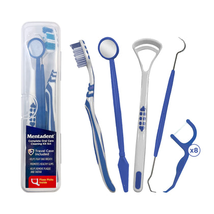 Mentadent Complete Oral Care Kit - Toothbrush, Dental Pick, Tongue Scraper, Dental Mirror & 8 Floss Picks with Travel Case - Dental Tools for Oral Care - Promotes Oral Hygiene, Dentist Recommended
