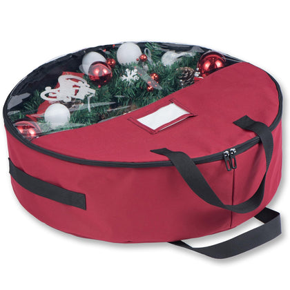 CHENGWEI 600D Christmas Wreath Storage Container 24 Inch Wreath Storage Bag with Clear Window Extra Large Wreath Boxes for Storage,Three Handles Garland Storage Bag Dual Zipper(Red)