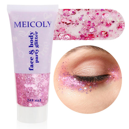 MEICOLY Pink Body Glitter,Singer Concerts Lover Heart Face Glitter Gel,Mermaid Sequins Face Hair Music Festival Rave Accessories Makeup,Halloween Sparkling Body Glitter Paint for Women,50ml