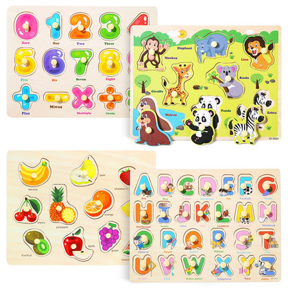 GRINNNIE Wooden Peg Puzzle for Toddlers 2 3 4 Years Old, 4 PCS Montessori Educational Learning Puzzles Set-Numbers, Letters, Animals and Fruits, Great Preschool Gifts for Girls and Boys