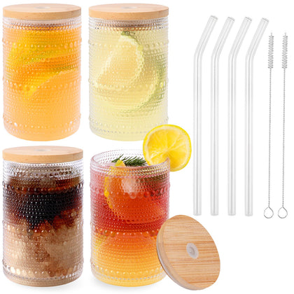 Vintage Drinking Glasses Set of 4 with Bamboo Lids and Straws, Textured Clear Striped Ribbed Glassware Set Old Fashion Beaded Glass Cups Embossed Iced Coffee Cup for Beer, Cocktail, Beverage(16 oz)