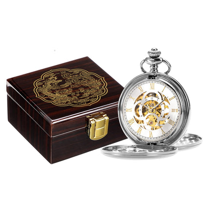 ManChDa Vintage Pocket Watch Mechanical Pocket Watches for Men Pocket Watch with Chain Silver Smooth Face Skeleton Pocket Watch for Son with Brown Wooden Case Men Gift for Fathers Day Son Gift