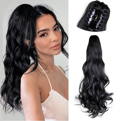 Yufeihe Hair Ponytail Extension 22Inch Claw Clip In Ponytail Hair Extensions Curly 150g/pack Pony Tail Natural Wavy Synthetic Hairpiece For Women(Black-1B)
