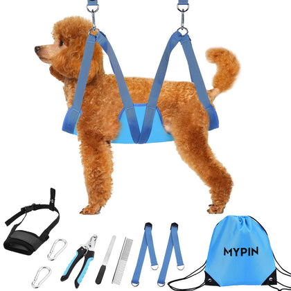 Dog Grooming Hammock, Pet Grooming Harness for Dogs&Cats, Multi Hammock Restraint Bag with Adjustable Grooming Loop/Stainless D-Hooks/Nail Clippers/Trimmer/Nail File for Pet Nail Trimming, Care (S)