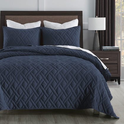HORIMOTE HOME Quilt Set Queen Size Navy Blue, Classic Geometric Diamond Stitched Pattern, Ultra Soft Microfiber Lightweight Bedding Bedspread Coverlet for All Season with 1 Quilt 2 Pillow Shams