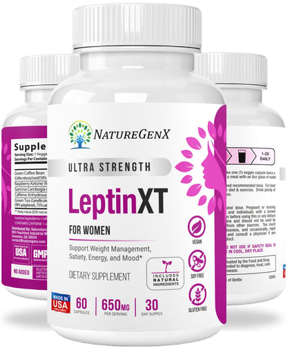 NatureGenX Leptin XT - Leptin Supplements for Weight Loss for Women - Appetite Suppressant, Metabolism Booster & Fat Burner - Extra Strength Diet Pills for Energy & Mood - 3rd-Party Tested - 60 Ct