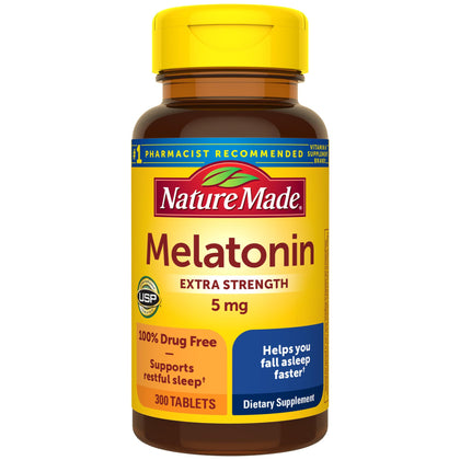 Nature Made Melatonin 5mg Extra Strength Tablets, 100% Drug Free Sleep Aid for Adults, 300 Tablets, 300 Day Supply