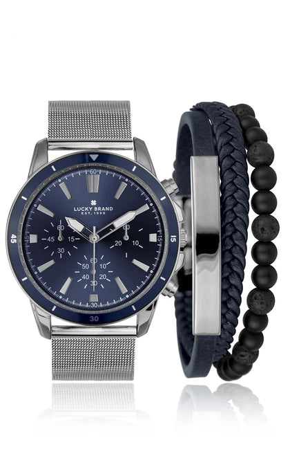 Lucky Brand Men's Silver Watch with Mesh Band - Stylish & Elegant Timepiece for Precision and Fashion with Three Decorative Sub-Dials (Silver/Navy)