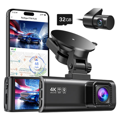 REDTIGER Dash Cam Front Rear, 4K/2.5K Full HD Dash Camera for Cars, Free 32GB Card, Built-in Wi-Fi GPS, 3.16 IPS Screen, Night Vision, 170°Wide Angle, WDR, 24H Parking Mode