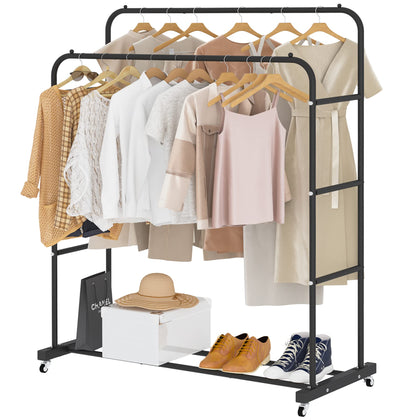 Laiensia Double Rods Clothing Rack with Wheels, Garment Rack for Hanging Clothes, Multi-functional Bedroom Clothes Rack, Black