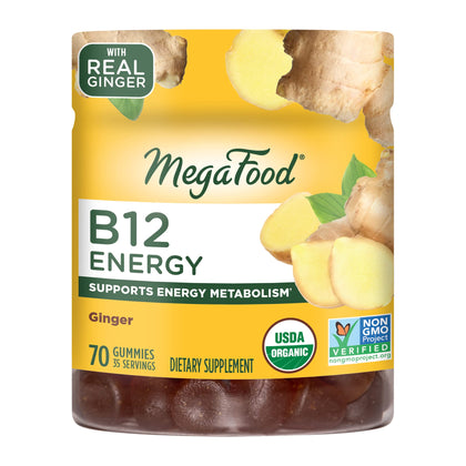 MegaFood B12 Energy Gummies -Vitamin B12 - Supports Energy Metabolism - B12 Gummies for Adults - Methylcobalamin B12 - Non-GMO, Vegan, Certified Organic - Real Ginger - 70 Gummies (35 Servings)