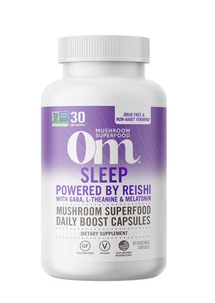 Om Mushroom Superfood Sleep Mushroom Capsules Superfood Supplement, 90 Count, 30 Days, Reishi, GABA, L-Theanine, Melatonin for Rest & Sleep Quality Superfood Supplement