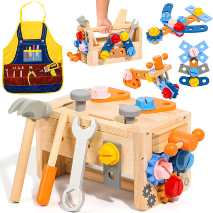 Kids Tool Set with Apron, Wooden Toddler Tool Bench Montessori Toys for 3 4 Year Olds, 39 PCS Educational STEM Construction Toys Pretend Play Toddler Tool Set Birthday Gift for Age 3-4 Boys & Girls