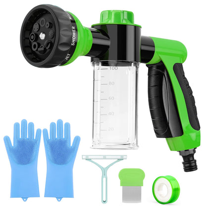 Minetom Pup Jet Dog Wash, 8 in 1 Dog Wash Hose Attachment with Soap Dispenser, Dog Washing Gloves, Adhesive Tape and Dog Comb for All Kinds of Pet Shower, Car Washing, Watering Plants, Garden and Lawn