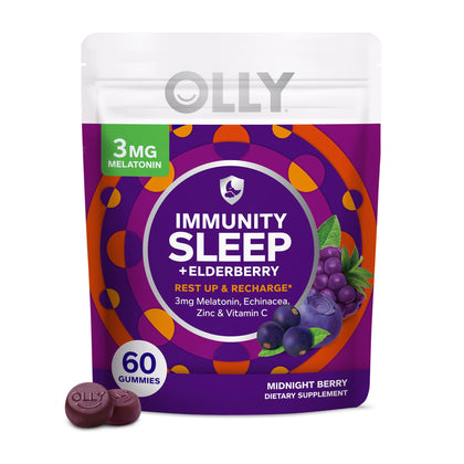 OLLY Immunity Sleep Gummy, Immune and Sleep Support, 3mg Melatonin, Echinacea, Zinc, Vitamin C, Chewable Supplement, Berry - 60 Count