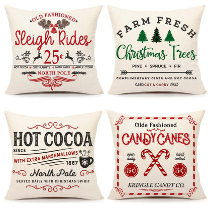 4TH Emotion Farmhouse Christmas Pillow Covers 18x18 Set of 4 Winter Holiday Decorations Xmas Rustic Throw Cushion Case for Sofa Couch Home Decor (Sleigh Rides, Farm Fresh Tree, Cocoa, Candy Canes)