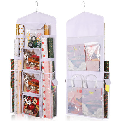 SmplifCraft Wrapping Paper Storage Hanging Gift Bag Organizer Double-Sided Hanging Gift Wrap Organizer Storage Pockets with Multiple Pockets?white hanging bag + one of Z hook ?