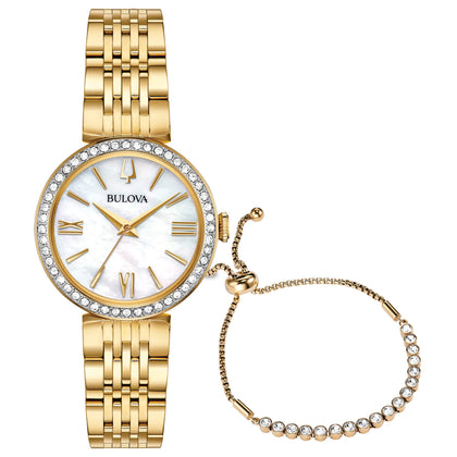 Bulova Ladies' Classic Gold Tone Stainless Steel Box Set with White Mother-of-Pearl 3-Hand Quartz Watch and Gold Tone and Crystal Accent Tennis Bracelet Style: 98X122