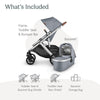 UPPAbaby Vista V2 Stroller/Convertible Single-to-Double System/Bassinet, Toddler Seat, Bug Shield, Rain Shield, and Storage Bag Included/Gregory (Blue Mélange/Silver Frame/Saddle Leather)