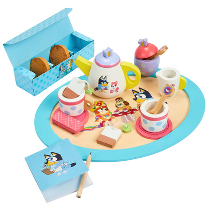 Bluey - Tea Party Set - Wooden 18-Piece Pretend Play Set with Tray, Teapot, Tea Cups, Biscuits, and Notepad for Children 3 Years and up - Imaginative Fun and Role-Playing, FSC Certified