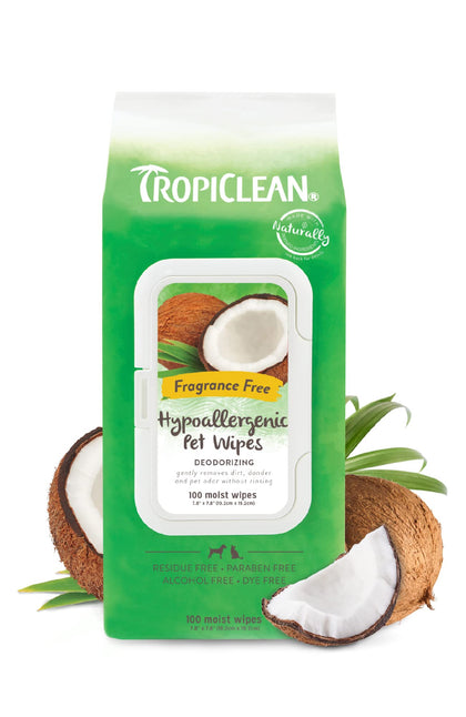 TropiClean Hypoallergenic Dog Wipes for Paws and Butt | Fragrance Free Dog Grooming Wipes | Safe for The Face | Puppy & Cat Friendly | 100 Count