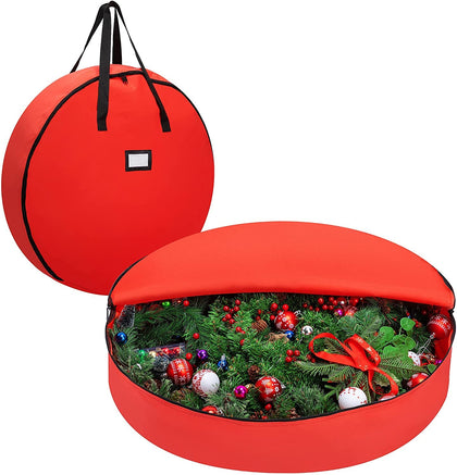 Joiedomi 2 Pack Christmas Wreath Storage Bag Set (Red), 30 Artificial Wreath Storage Container with Oxford Material, Carry Handles, Dual Zipper & Card Slot for Xmas Holiday