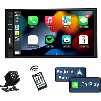 Double Din Car Stereo Compatible with Apple Carplay and Android Auto, 7 inch HD Touchscreen Car Radio Car Audio Receivers, Bluetooth, Backup Camera, Mirror Link, USB/AUX/TF/Subwoofer, FM Radio