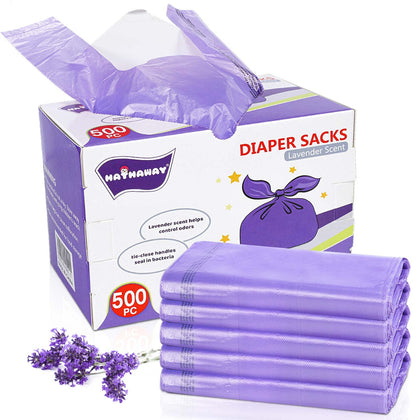 Baby Disposable Diaper Bags Easy-To-Tie Tabs Diaper Sacks with Lavender Scented Diaper Disposal or Pet Waste Bags (500 Count)
