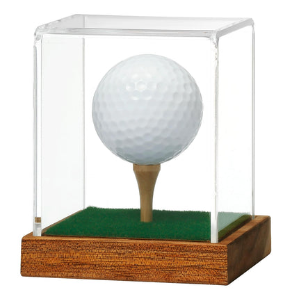 JupDec Golf Ball Display Case Clear Acrylic Memorabilia Stand Cube Holder with Wood Base & Tee, Dust Protection Transparent Storage Box for Single Ball Souvenir Golfball Collections, Brown, 1 Pack