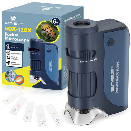 Pocket Microscope 60X-120X, Portable Handheld Microscope for Kids, Mini Microscope with 5pcs Microscope Slides for Learning, Education and Exploring