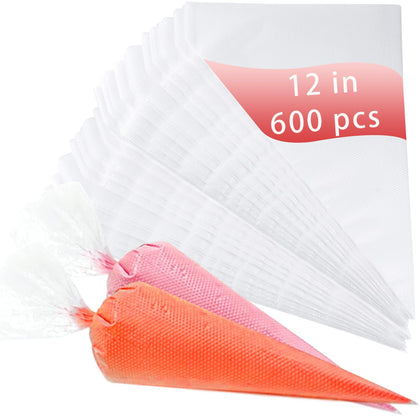 600 PCS Piping Bags, 12 Inches Pastry Icing and Cookie Bags, Tipless Piping Bags for Royal Icing, Thicken Non-Slip and Anti Burst Cake Cookie Decorating Supplies