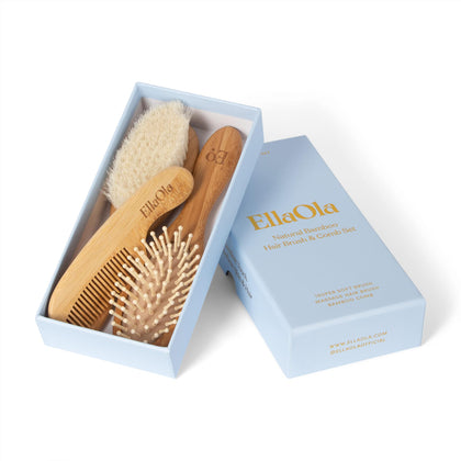 EllaOla Baby Hair Brush & Comb Set from Natural Bamboo - 3 Piece Set with Ultra Soft Bristle Cradle Cap Brush, Massage Hair Brush, Bamboo Comb for Toddlers, Newborns & Infants I Baby Registry Gift