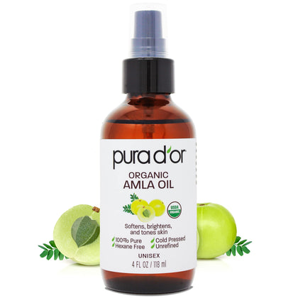 PURA D'OR 4 Oz Organic Amla Oil, 100% Pure USDA Certified Premium Grade Carrier Oil, Cold Pressed, Unrefined Indian Hair Care Growth Oil, Hair Serum & Thickening Hair Products for Women & Men