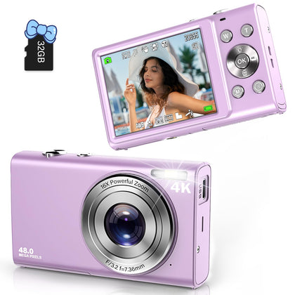 Digital Camera, Autofocus FHD 4K Vlogging Camera 48MP 16X Digital Zoom Digital Camera with 32GB Memory Card Portable Compact Small Video Camera for Teens Adult Beginner