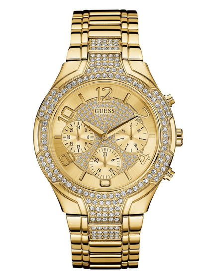 GUESS Women's Gold-Tone Stainless Steel Crystal Embellished Bracelet Watch with Day, Date + 24 Hour Military/Int'l Time. Color: Gold-Tone (Model: U0628L2)