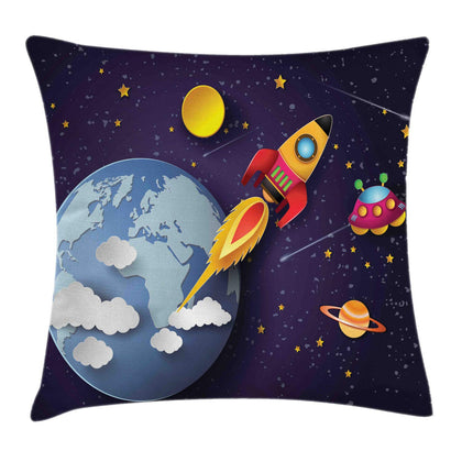 Ambesonne Outer Space Throw Pillow Cushion Cover, Rocket on Planetary System with Earth Stars UFO Saturn Sun Galaxy Boys Print, Decorative Square Accent Pillow Case, 16