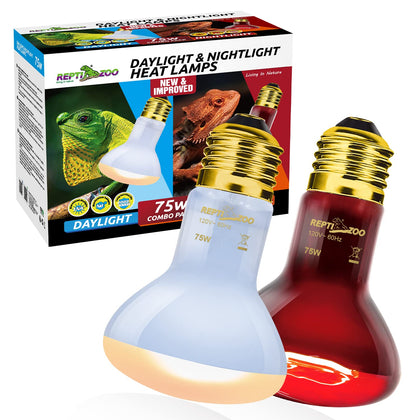 REPTIZOO 75W Reptile Heat Lamp, 2PCS Day & Night Heating Lamp Combo Pack, Infrared Heat Emitter Red Heat Lamp and UVA Daylight Basking Spot Light Heating Lamp