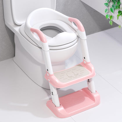 Meulife Potty Training Toilet Seat with Step Stool Ladder, Toddlers Potty Chair for Kids Boys Girls, Anti-shake Potty Training Seat with Adhesive Pad Splash Guard and Widened Pedal(Pink)