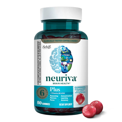 NEURIVA Plus Brain Supplement for Memory,Focus & Concentration+Cognitive Function with Vitamins B6 & B12 and Clinically Tested Nootropics Phosphatidylserine and Neurofactor,50ct Strawberry Gummies