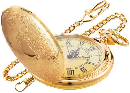 Realpoo Gold Smooth Shield Round Case Quartz Pocket Watch Quartz Movement with Chain-Gold
