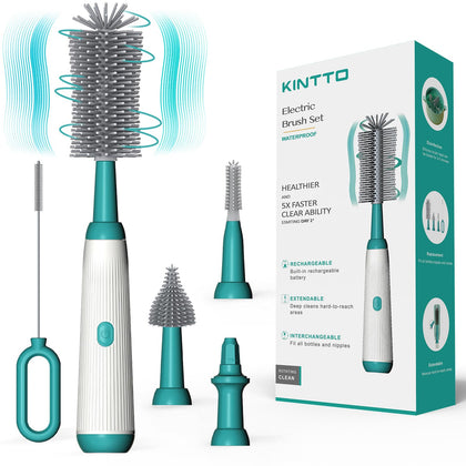 KINTTO Upgraded Electric Bottle Brush Cleaner Set, Baby Bottle Brush Cleaning with Rechargeable?Waterproof Replaceable 2 Nipple and Straw Silicone Brush?Gift for Pregnant Women and New Moms (Green)